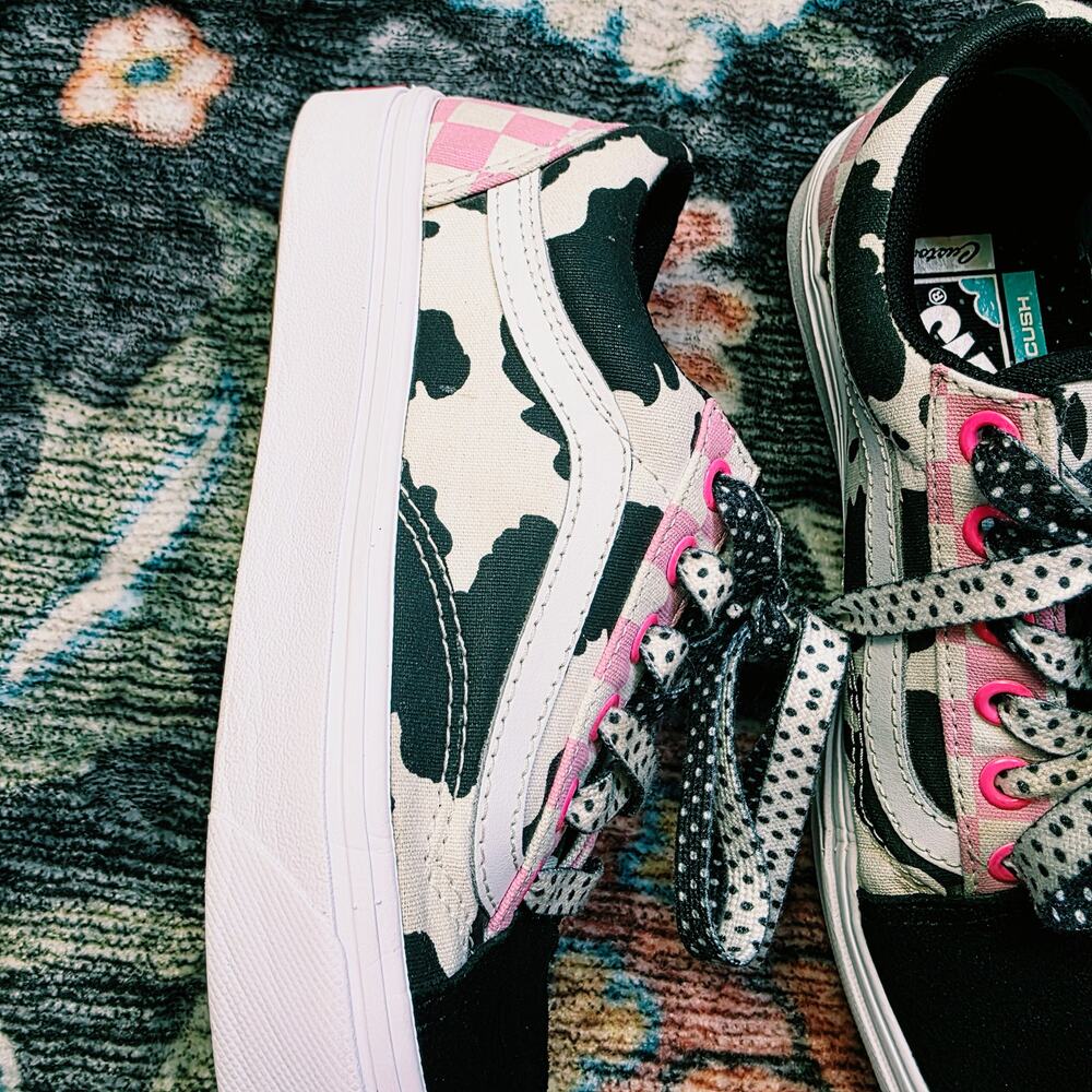 Vans Old Skool ComfyCush Customs Cow Print Pink Checkerboard Sneakers Size 7 - Picture 10 of 13
